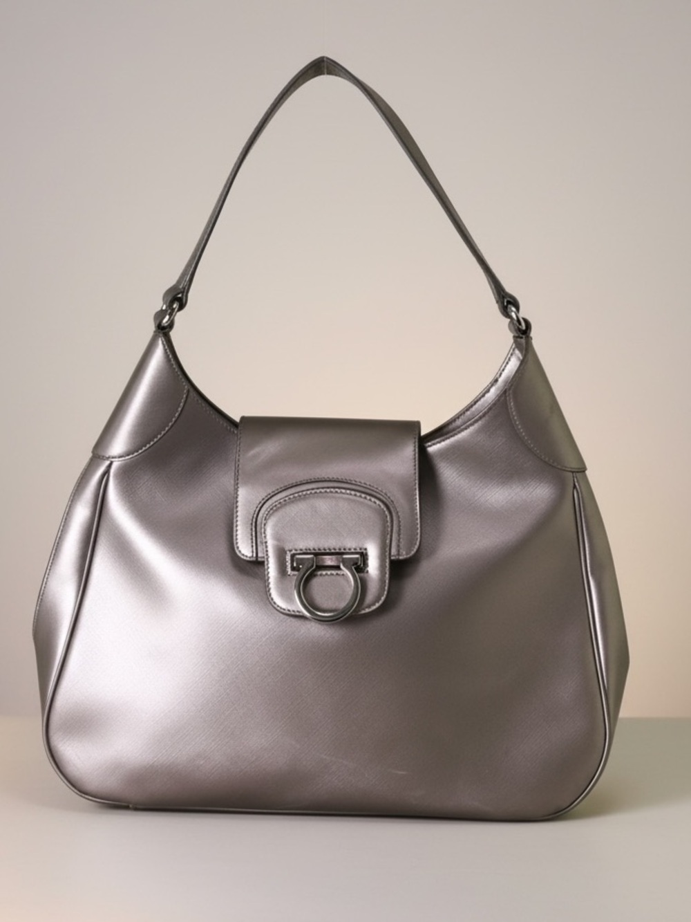 FERRAGAMO Gancini Athena Leather Shoulder Hobo Bag Minimalist Nuetral Metallic